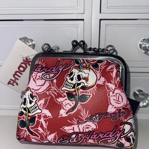 NWT Ed Hardy Floral Red Bedazzled Small bag/coin purse with Chain - Picture 2 of 8